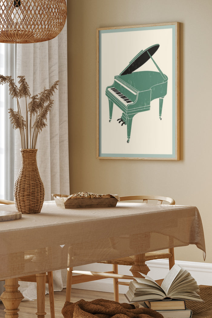 Vintage style green piano poster framed on dining room wall