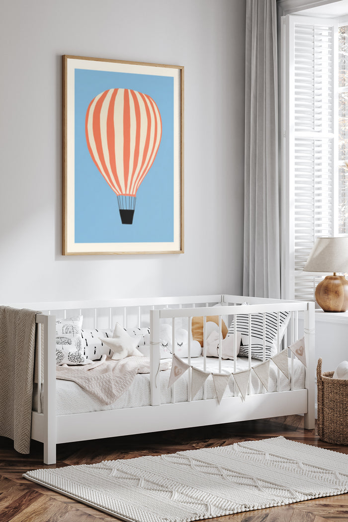 Stylish vintage hot air balloon poster framed in a cozy nursery room interior