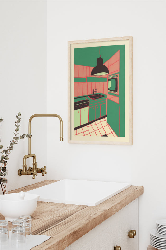 Retro kitchen interior design poster framed on a wall above a contemporary wood countertop and brass faucet