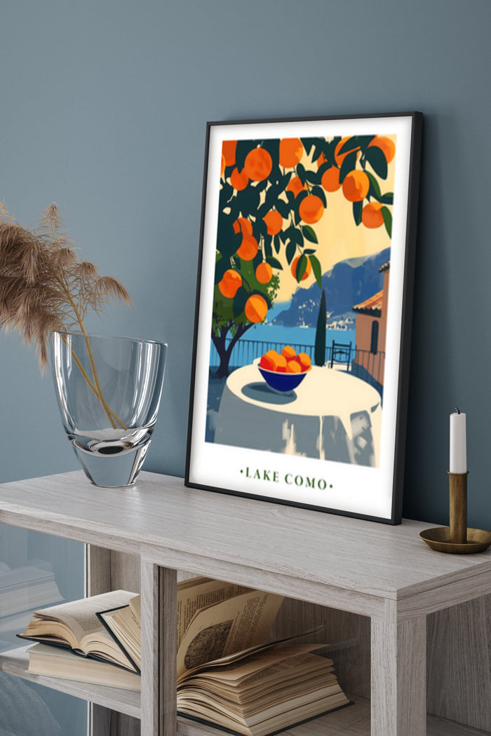 Vintage inspired travel poster of Lake Como with orange trees and scenic lake view