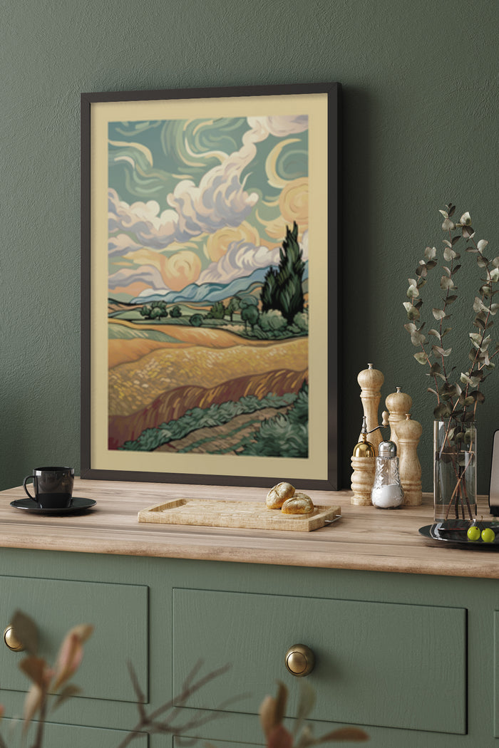 Vintage-inspired landscape poster with rolling hills and swirling clouds, framed and displayed in a modern kitchen setting.