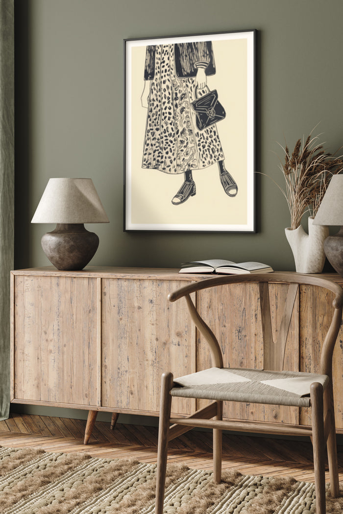 Vintage style poster of a leopard print dress and accessories hanging on a wall above a wooden sideboard and modern chair