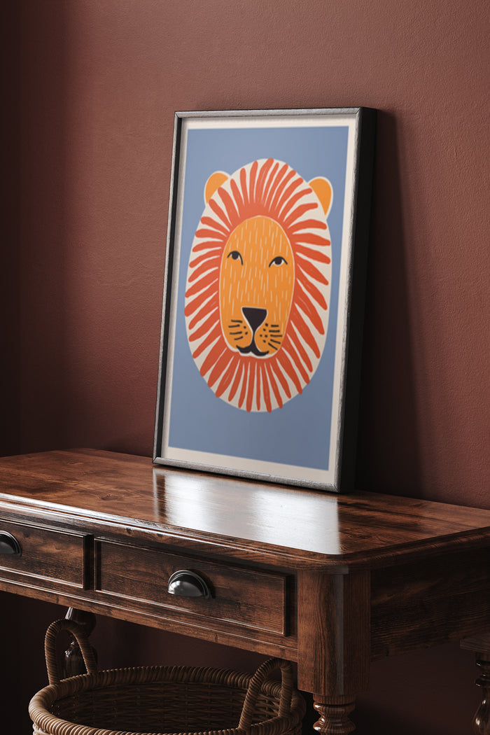 Vintage style illustrated lion artwork poster displayed in home decor setting on wooden console table
