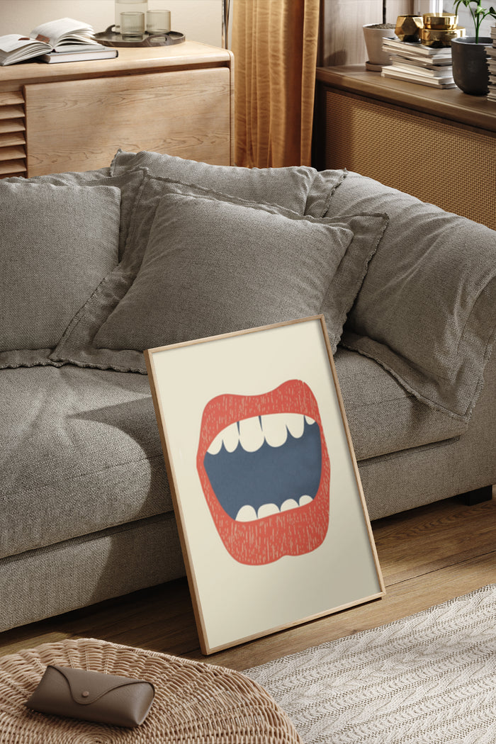 Vintage style lips and teeth poster framed in living room setting for modern home decoration