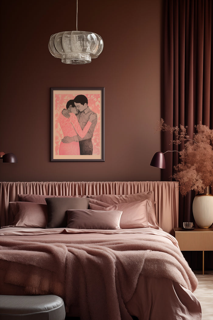 Vintage inspired romantic poster of couple embracing in modern bedroom setting
