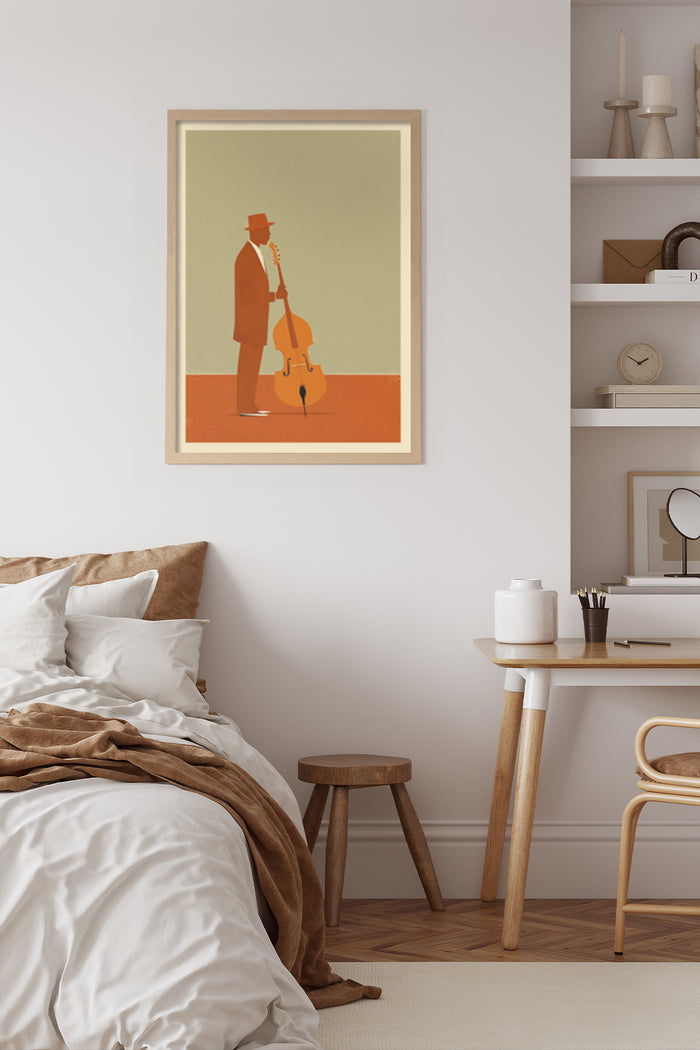 Vintage style illustration of a man in a suit holding a cello, displayed as wall art in a modern bedroom interior