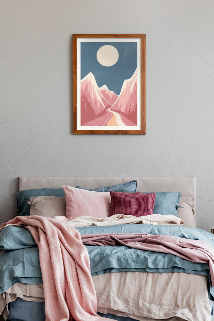 Vintage style poster of mountain landscape with moon in bedroom setting