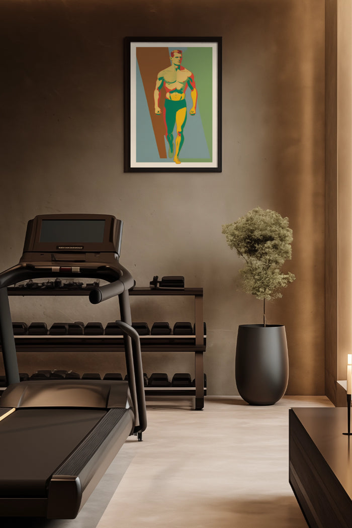 Vintage Art Poster of Muscular Man in Modern Gym Setting