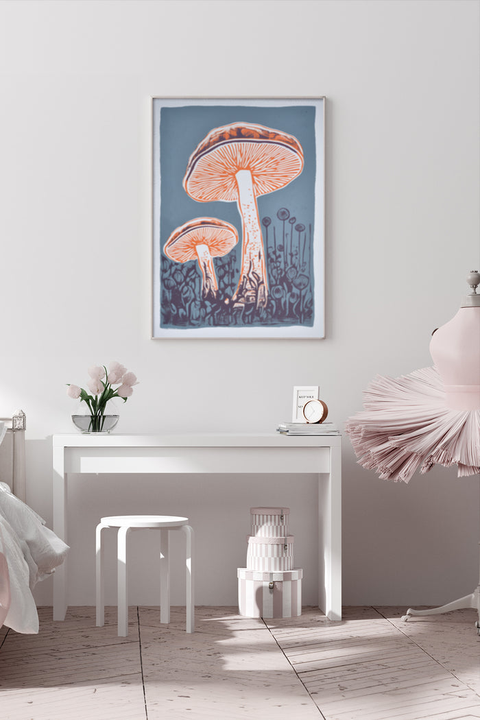 Vintage style mushroom illustration poster displayed in a contemporary room setting