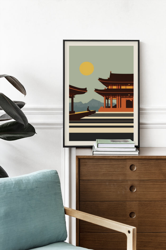 Vintage style poster depicting an oriental landscape with sun, pagoda buildings and a figure