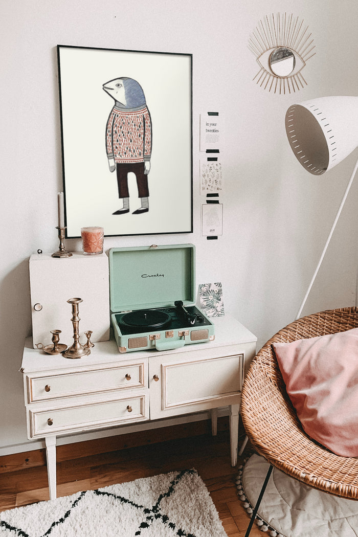 Vintage styled illustration of a penguin in a sweater poster in a cozy room with a record player and bohemian decor