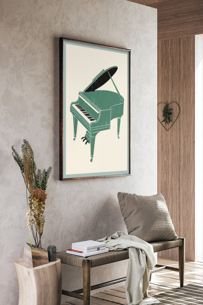 Vintage style green piano poster framed on a wall in a contemporary living room setting