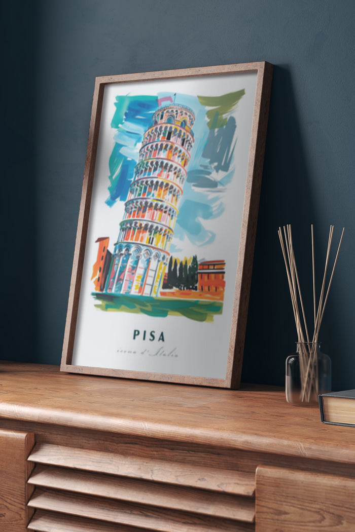 Vintage Pisa travel poster featuring the Leaning Tower and colorful art style