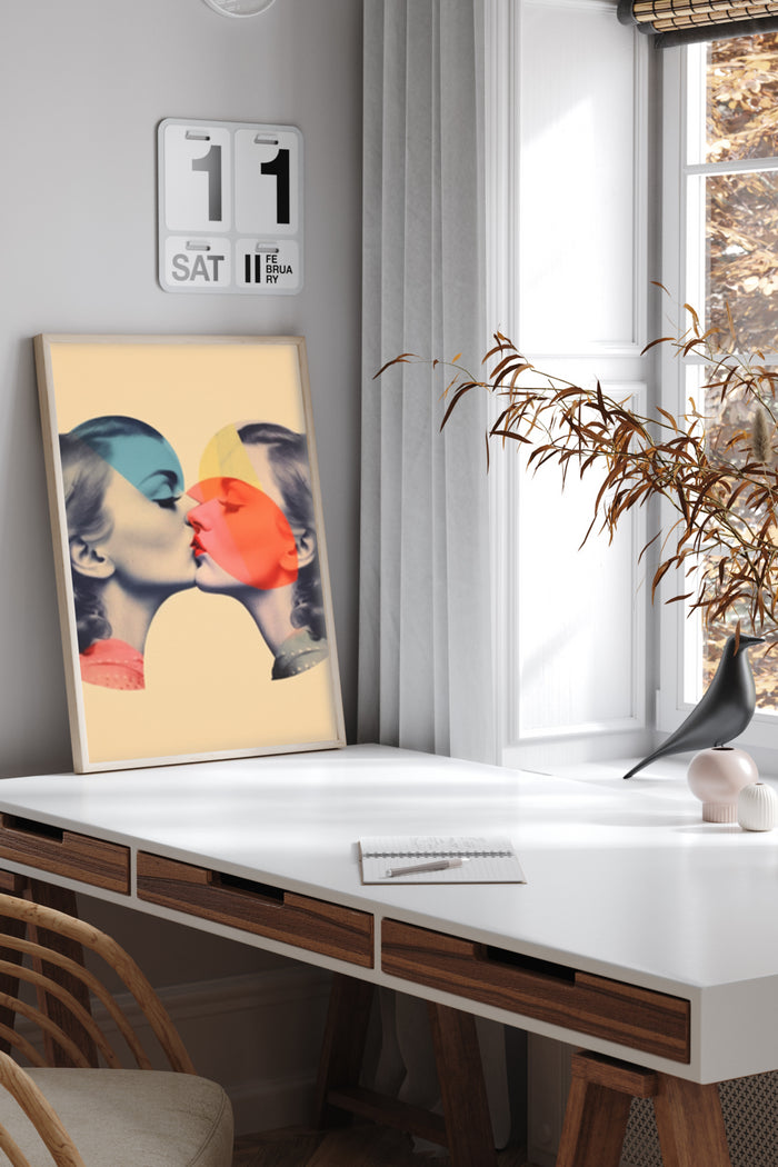 Vintage Pop Art Poster of Two Women Kissing with Colorful Overlays in Modern Home Office Decor