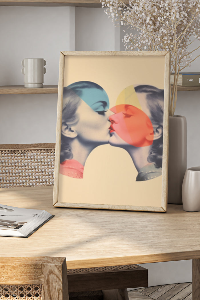 Vintage style pop art poster with two faces kissing in colorful silhouettes