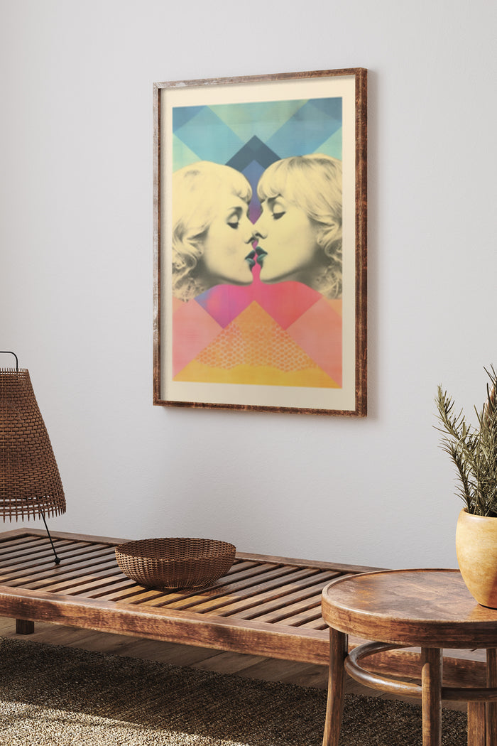 Vintage Pop Art Poster with Mirror Image of a Female Face Kissing on a Wall