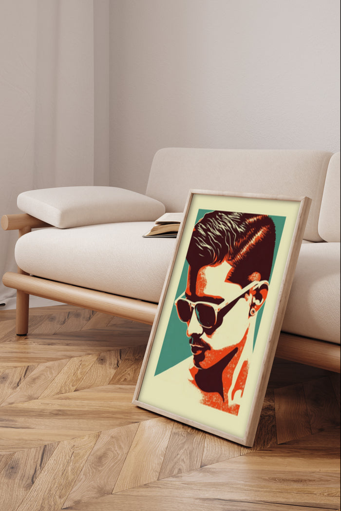 Stylized vintage portrait poster of a man with sunglasses in a modern living room