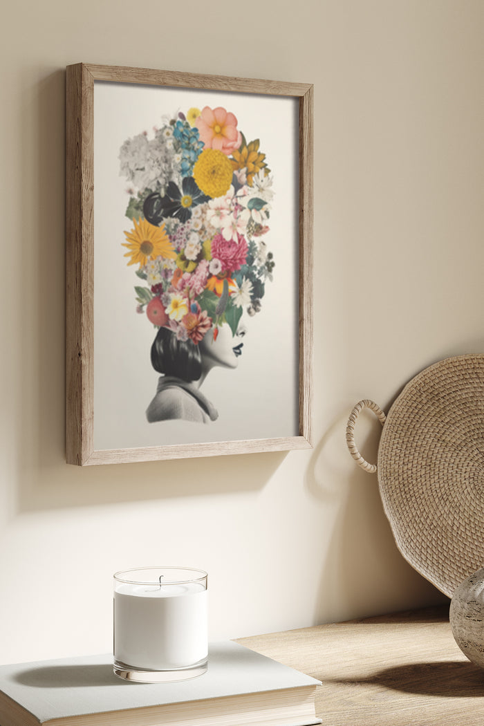 Vintage black and white portrait with colorful flower headpiece in a wooden frame on a beige wall