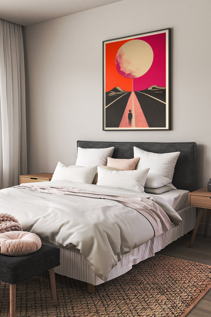 Vintage inspired art poster featuring a large moon and a lone silhouette on a road, framed and hung in a contemporary bedroom setting