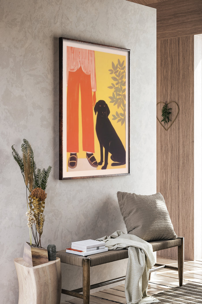 Vintage style decorative poster featuring orange pants and a black dog against a yellow background