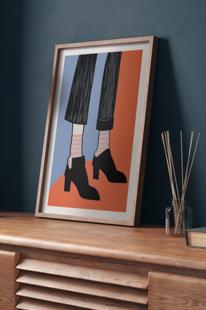 Vintage inspired poster featuring pinstripe trousers and black heel shoes displayed in a modern interior