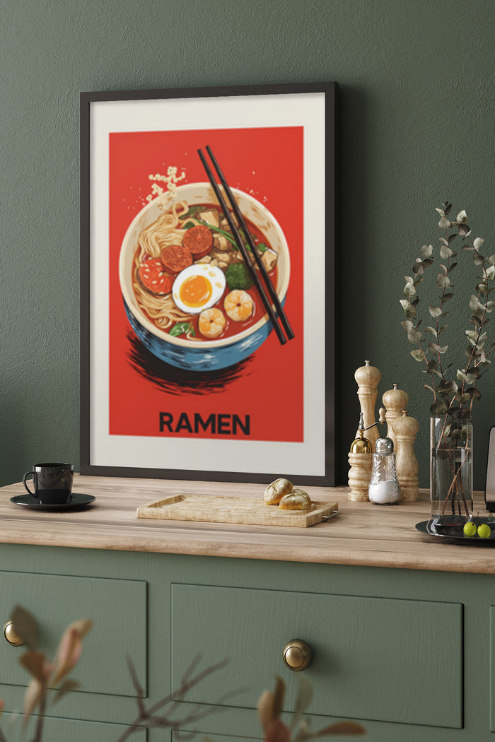 Vintage Style Ramen Noodle Bowl Poster Art Displayed on Wall
