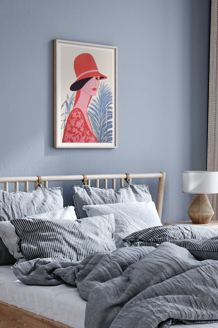 Stylish vintage poster featuring a woman with a red hat and floral pattern in a modern bedroom setting