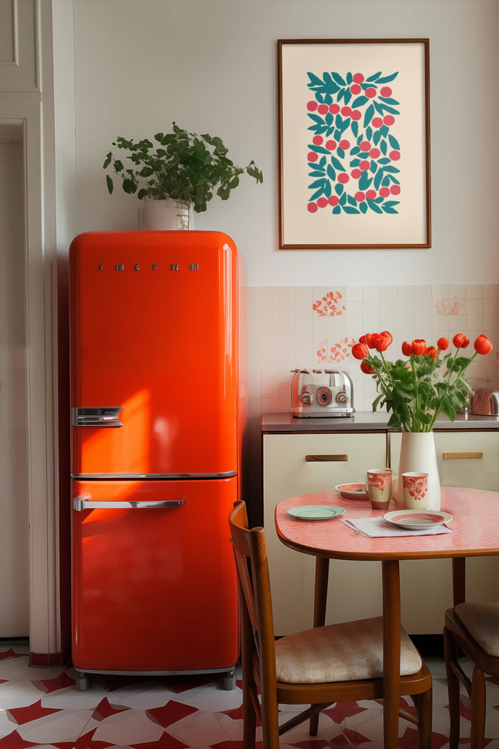 Retro orange kitchen with stylish red refrigerator and framed abstract fruit poster