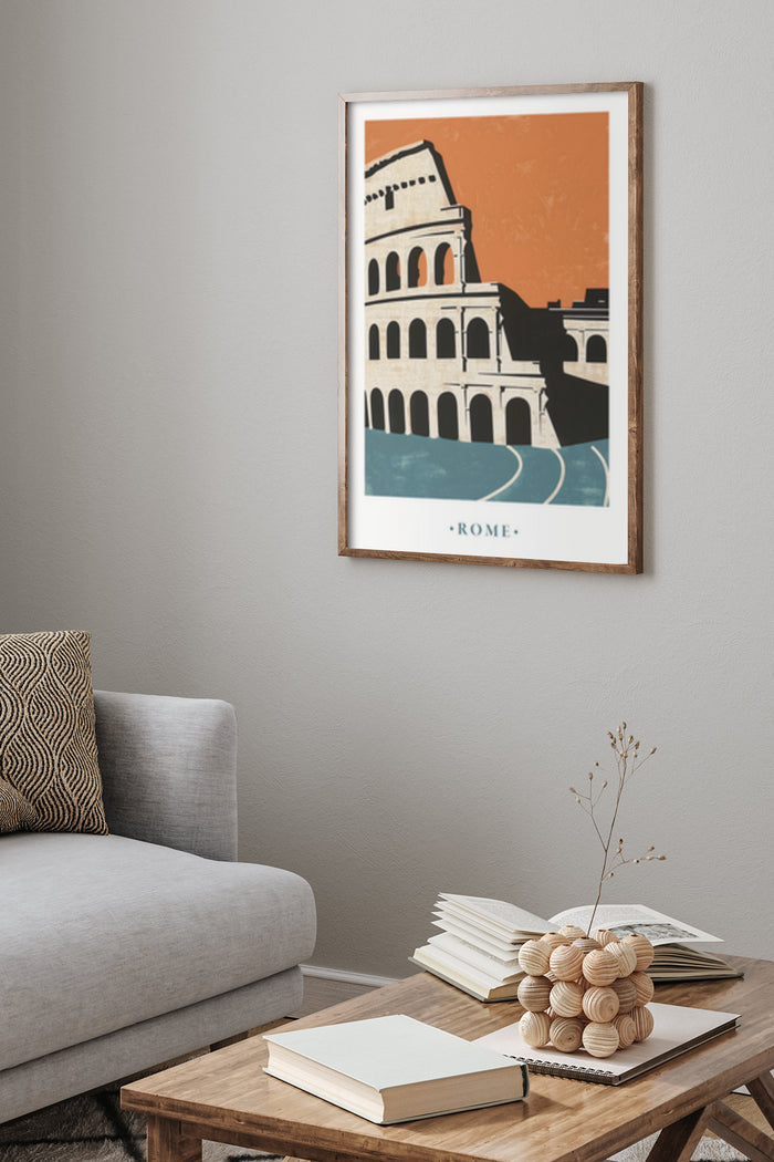 Vintage style travel poster of Rome with Colosseum illustration in a modern living room setting