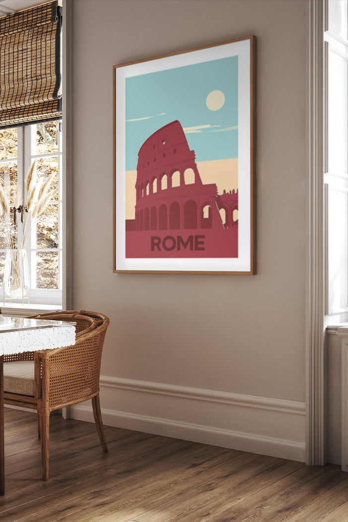 Vintage style Rome travel poster with Colosseum illustration in a cozy home setting