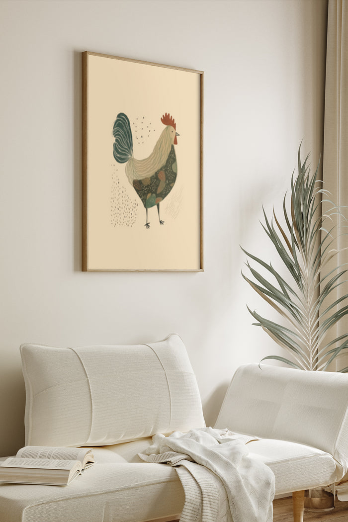 Stylish vintage rooster poster art framed on a living room wall beside a cozy sofa and indoor plant