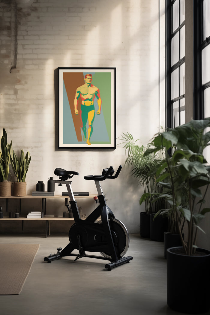 Vintage style artistic poster of a male runner displayed in a stylish modern home gym with indoor plants