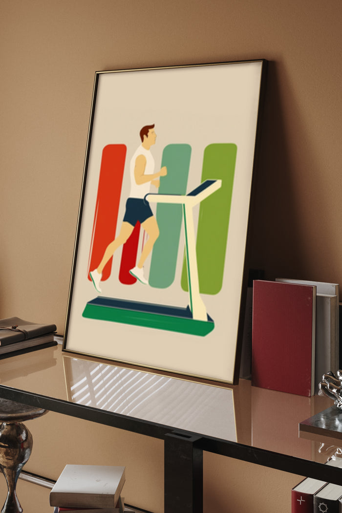 Vintage style poster of a man running on a treadmill with abstract colorful background