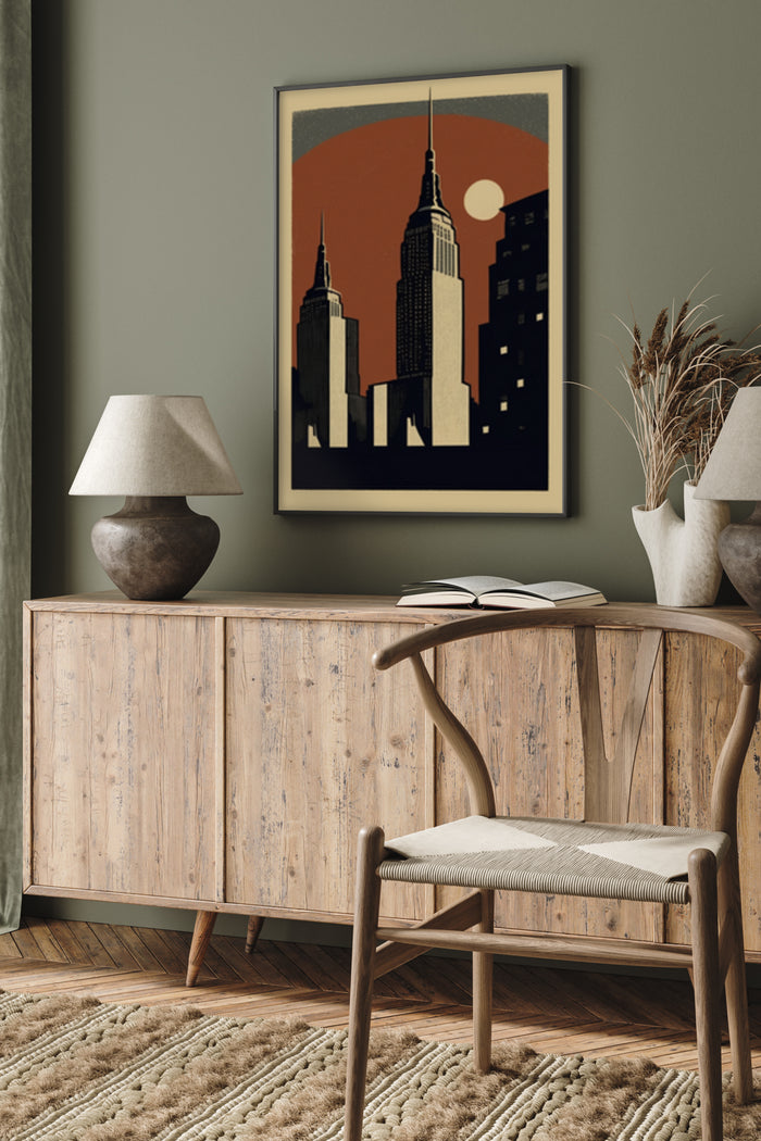 Vintage style silhouette poster of skyscrapers with sun motif hanging over wooden sideboard in mid-century modern interior