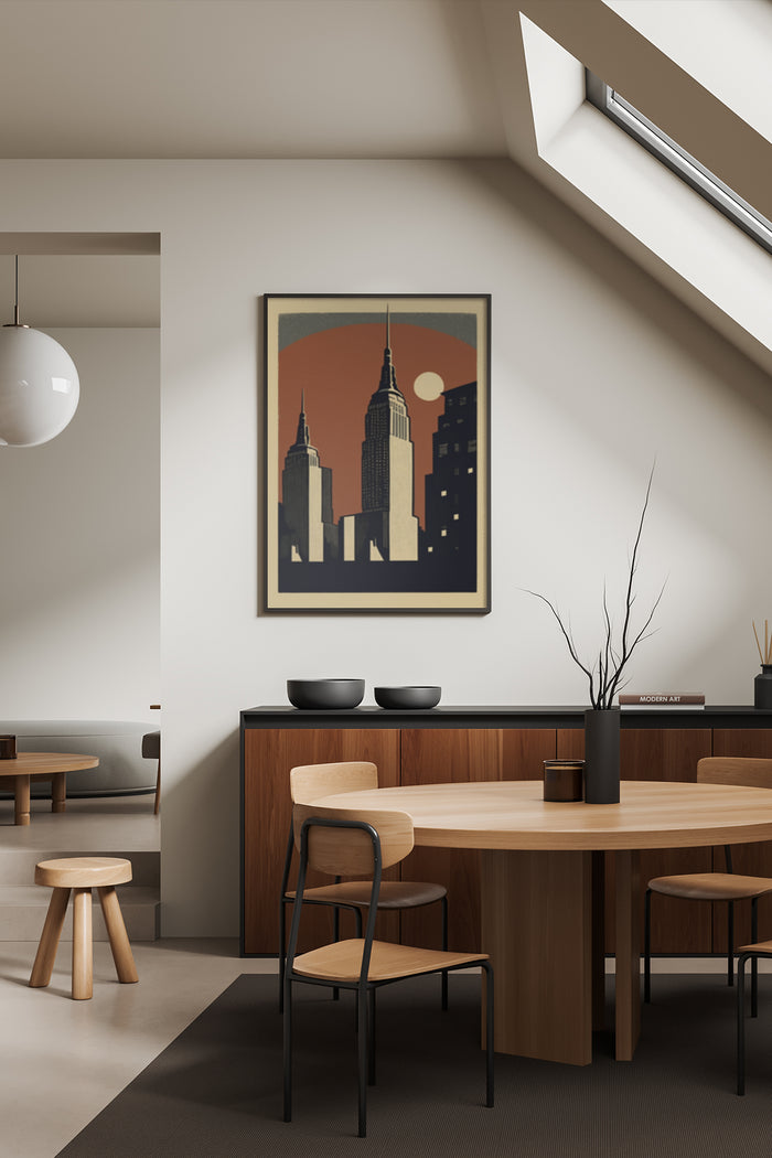 Art Deco vintage poster with skyscraper silhouettes in a stylish contemporary dining room