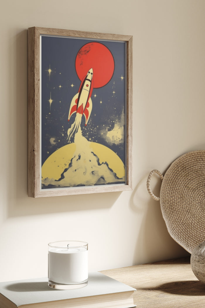 Vintage inspired poster of a space rocket launching towards a red moon in starry sky framed on wall