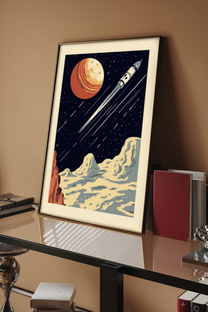 Vintage space travel poster featuring a stylized rocket heading towards a large planet with stars and smaller planetoids in the background, displayed in a home office