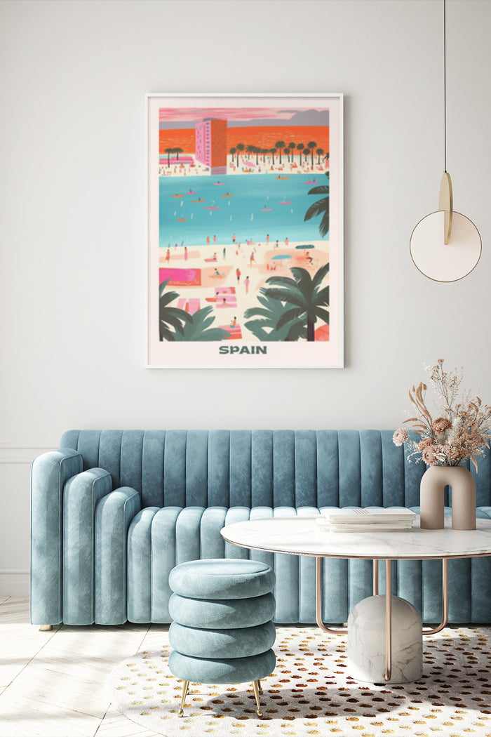 Vintage Spain Travel Poster with Beach and Palm Trees Artwork in Modern Living Room