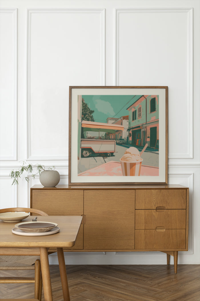 Stylish vintage poster featuring a quaint street scene with an ice cream cart and a classic car in warm tones