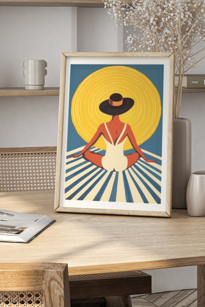 Retro art poster of a woman wearing a sun hat in minimalistic style