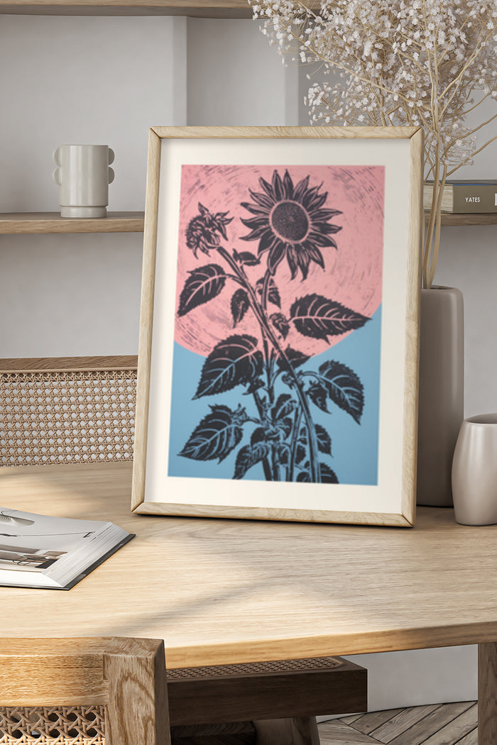 Vintage Style Sunflower Art Poster in a Frame on a Wooden Shelf