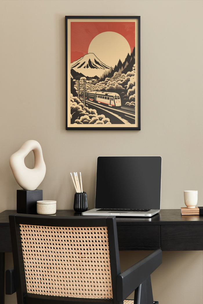 Vintage travel poster featuring a train, Mount Fuji, and a rising sun in a stylized design displayed in a home office