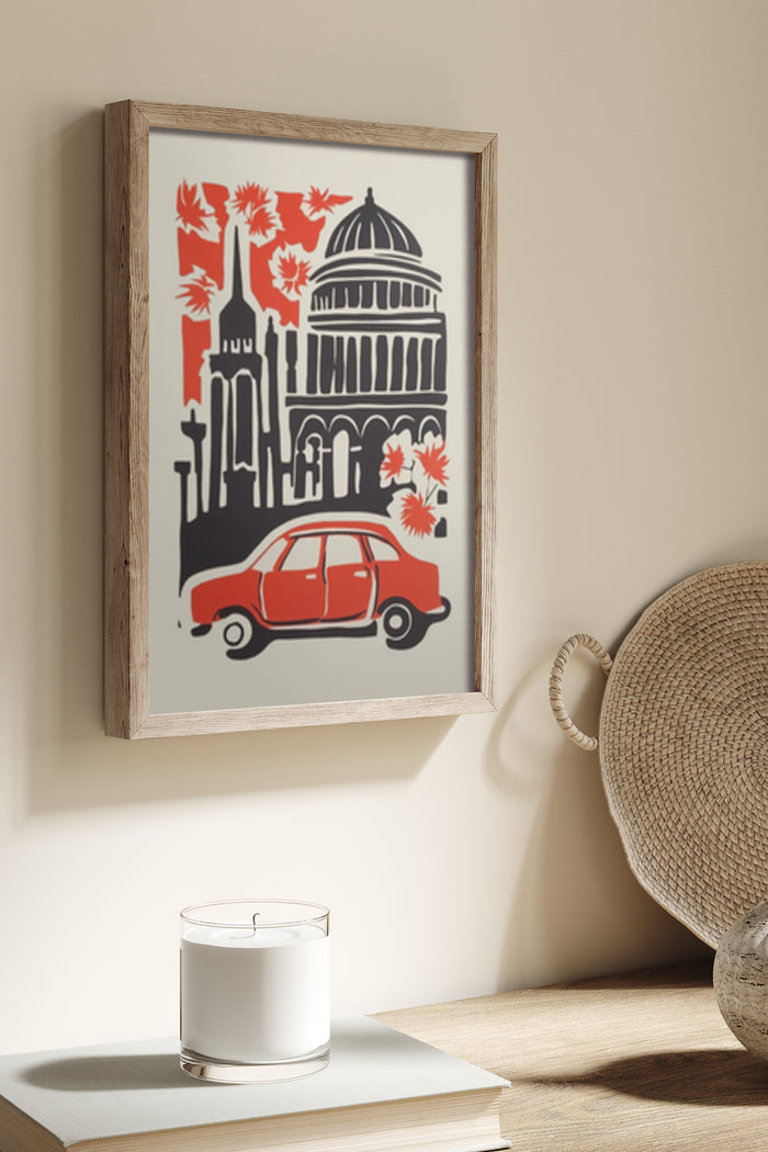 Vintage travel poster featuring a stylized red car, iconic landmarks, and red foliage in a modern graphic design