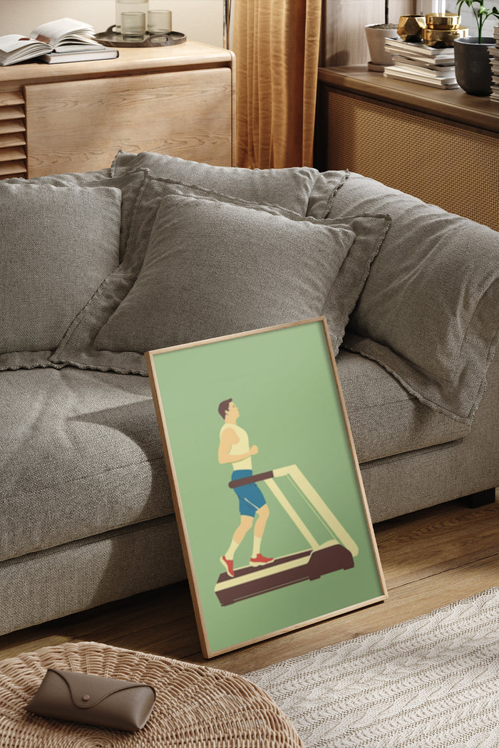 Vintage style illustration poster of a person running on a treadmill placed beside a cozy sofa