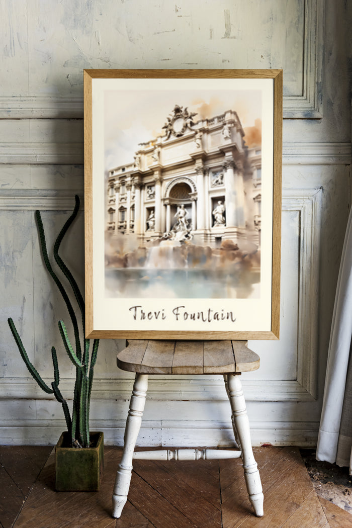Vintage Trevi Fountain Poster On Wooden Easel In Elegant Room With Cactus Plant
