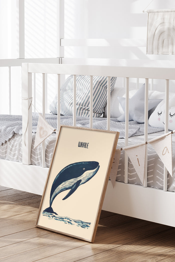 Vintage Whale Poster Artwork in Stylish Nursery Interior Setting