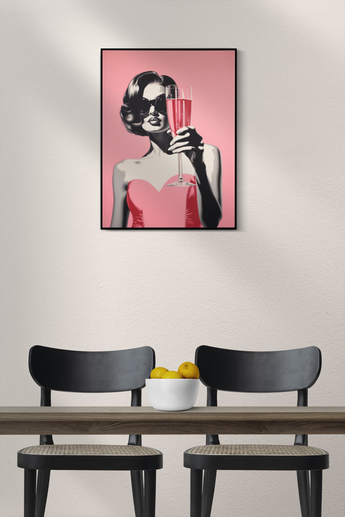 Vintage inspired poster of a stylish woman with sunglasses holding a champagne glass