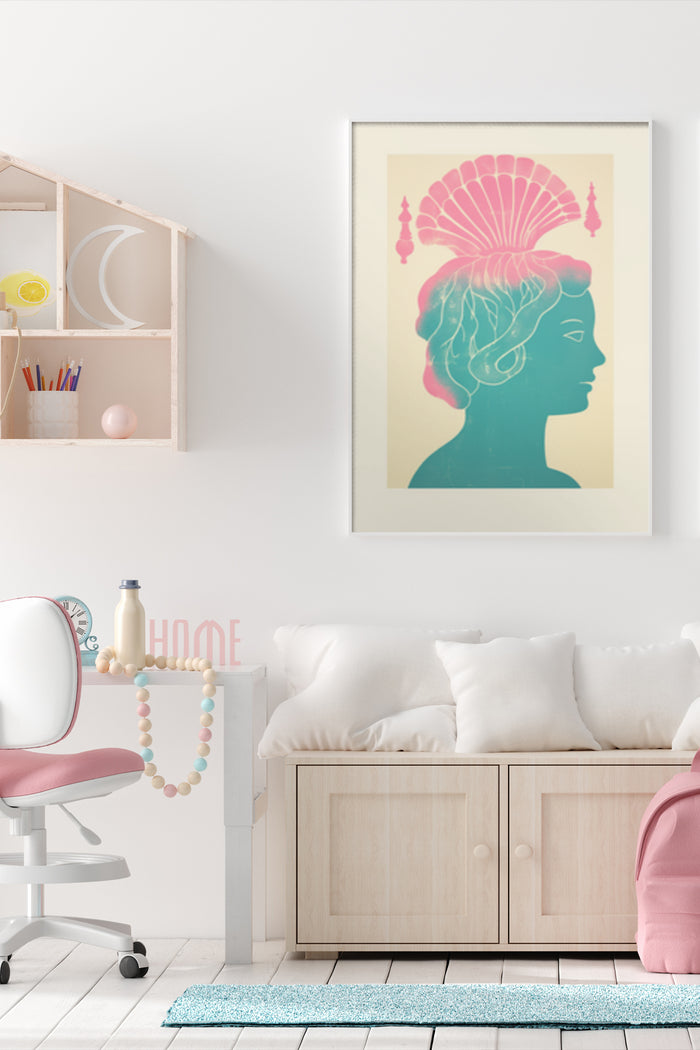 Vintage style poster of a woman's silhouette with brain art and decorative headdress in a modern interior