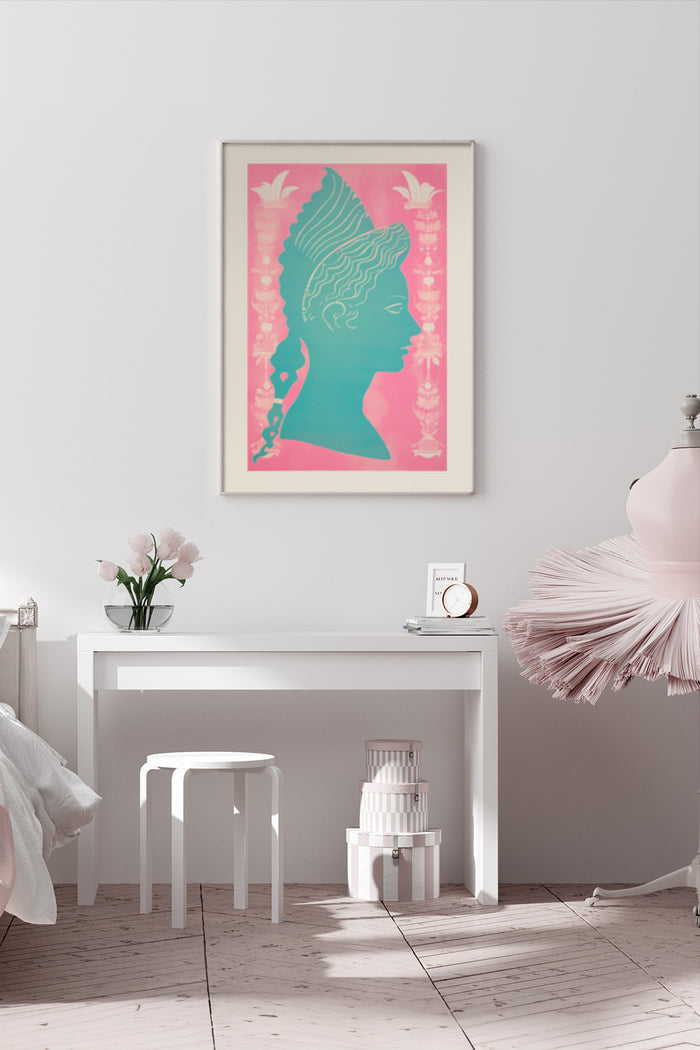Vintage style silhouette of a woman art poster displayed in a contemporary room setting