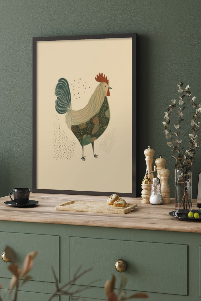 Vintage styled rooster illustration poster in stylish kitchen interior